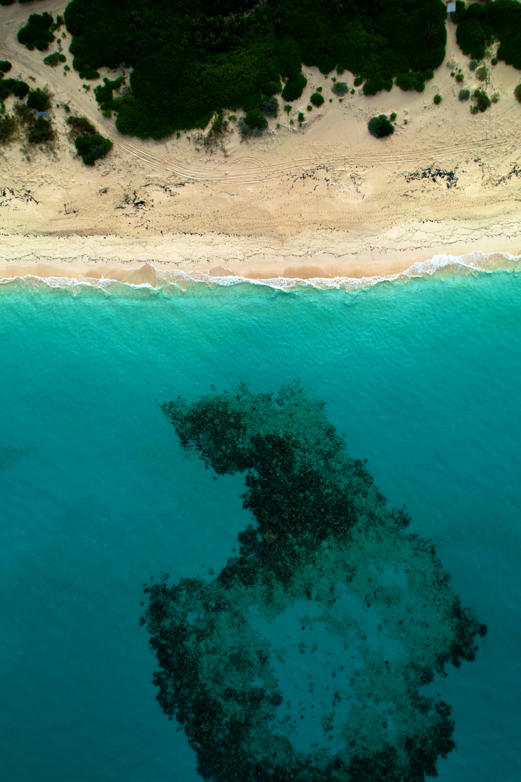Aerial view of a white sand beach and clear turquoise water in The Bahamas