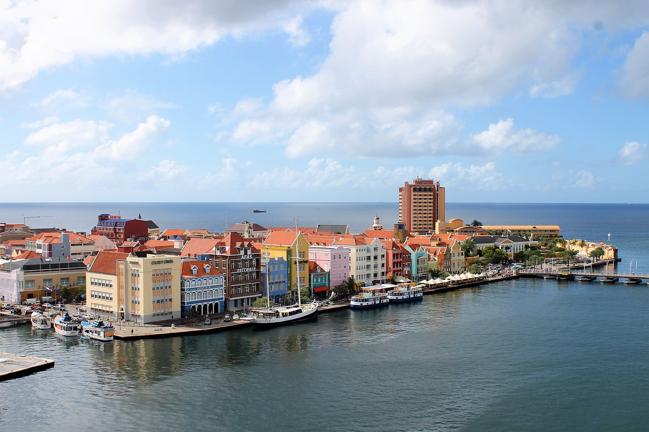 Colourful Curacao coastline and city beside the Caribbean Sea near Willemstad