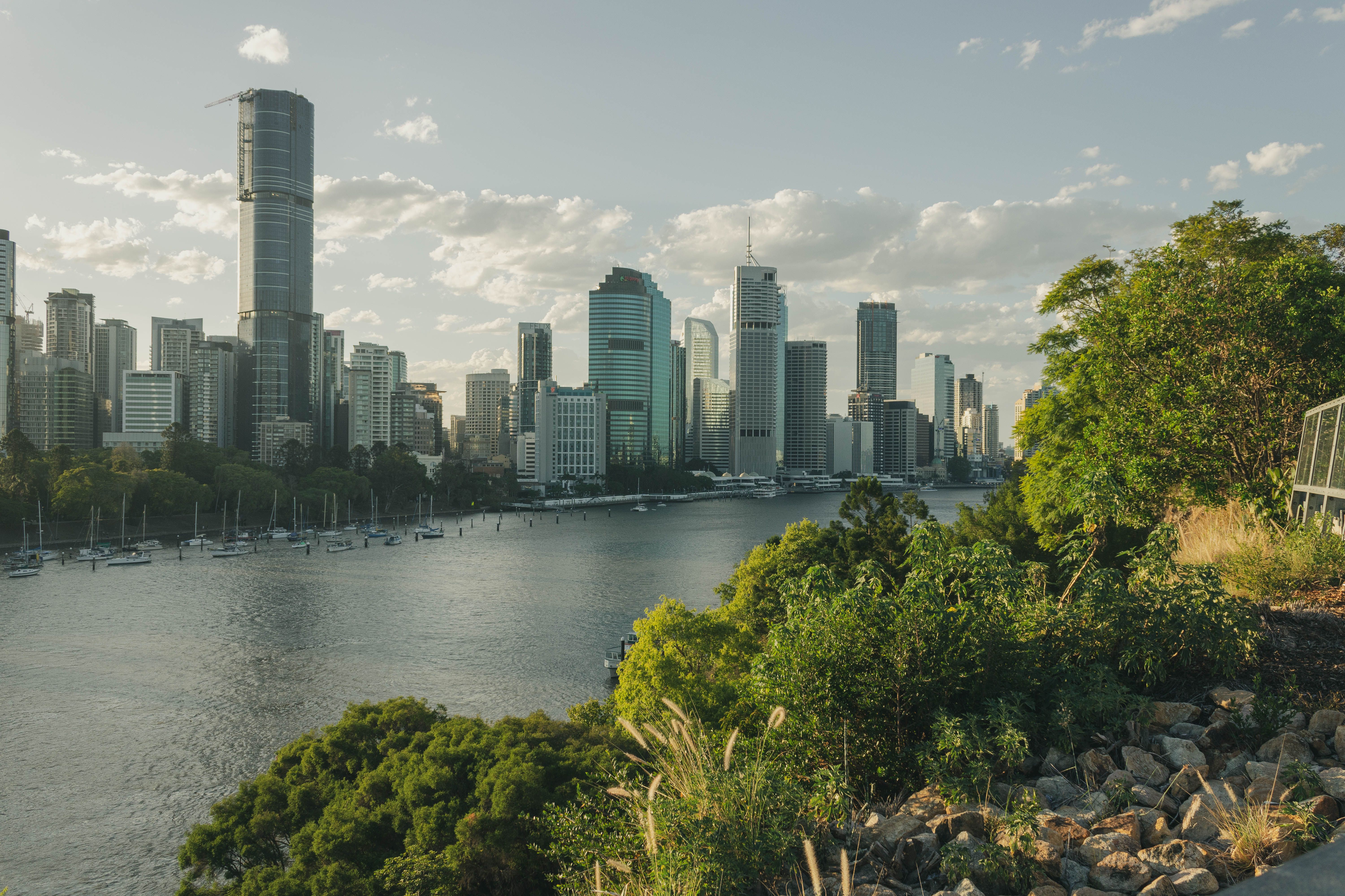 Brisbane skyline and river framed by greenery.