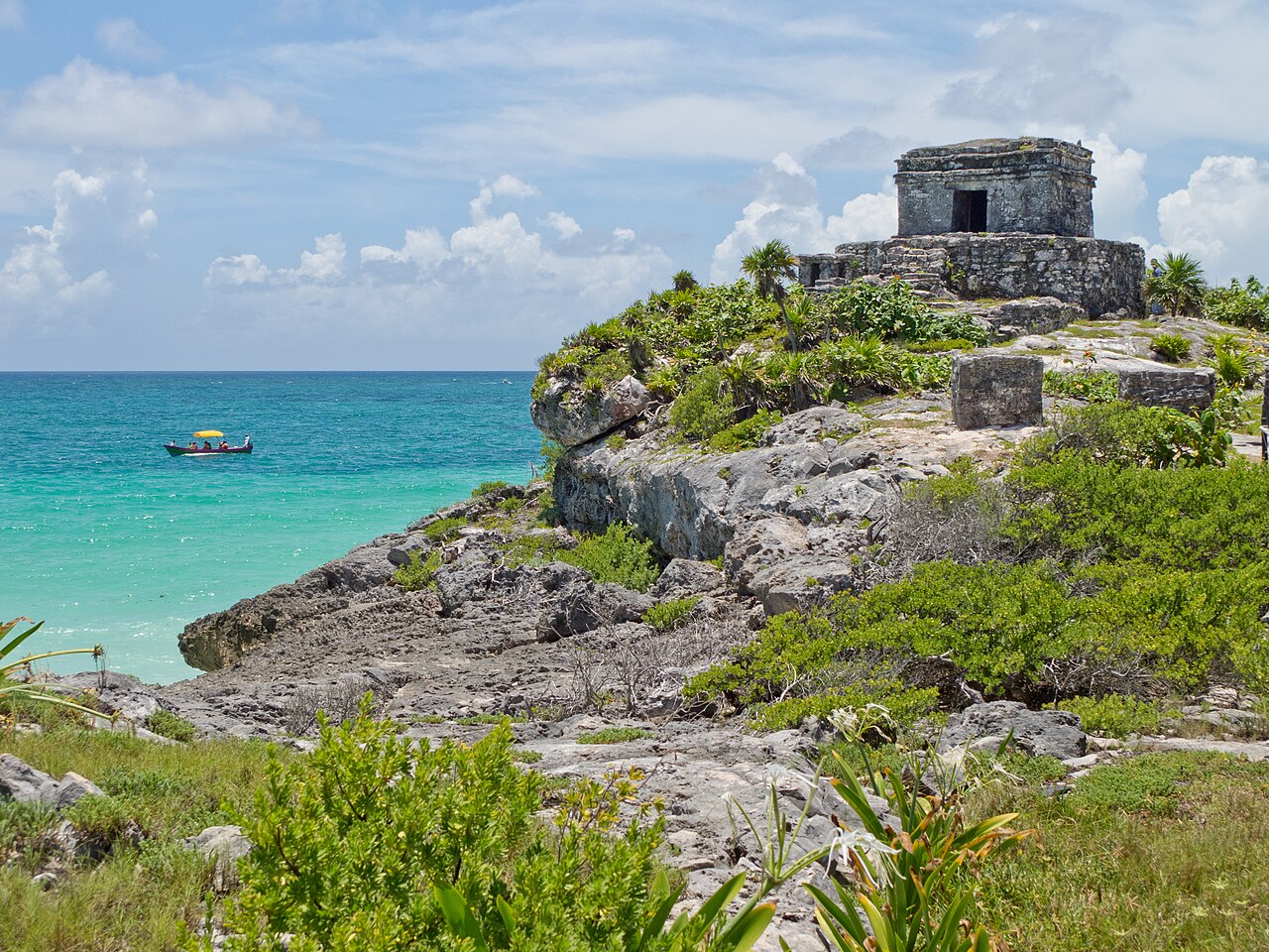 Temple of the God of Wind at the Maya ruins of Tulum, Quintana Roo, Mexico