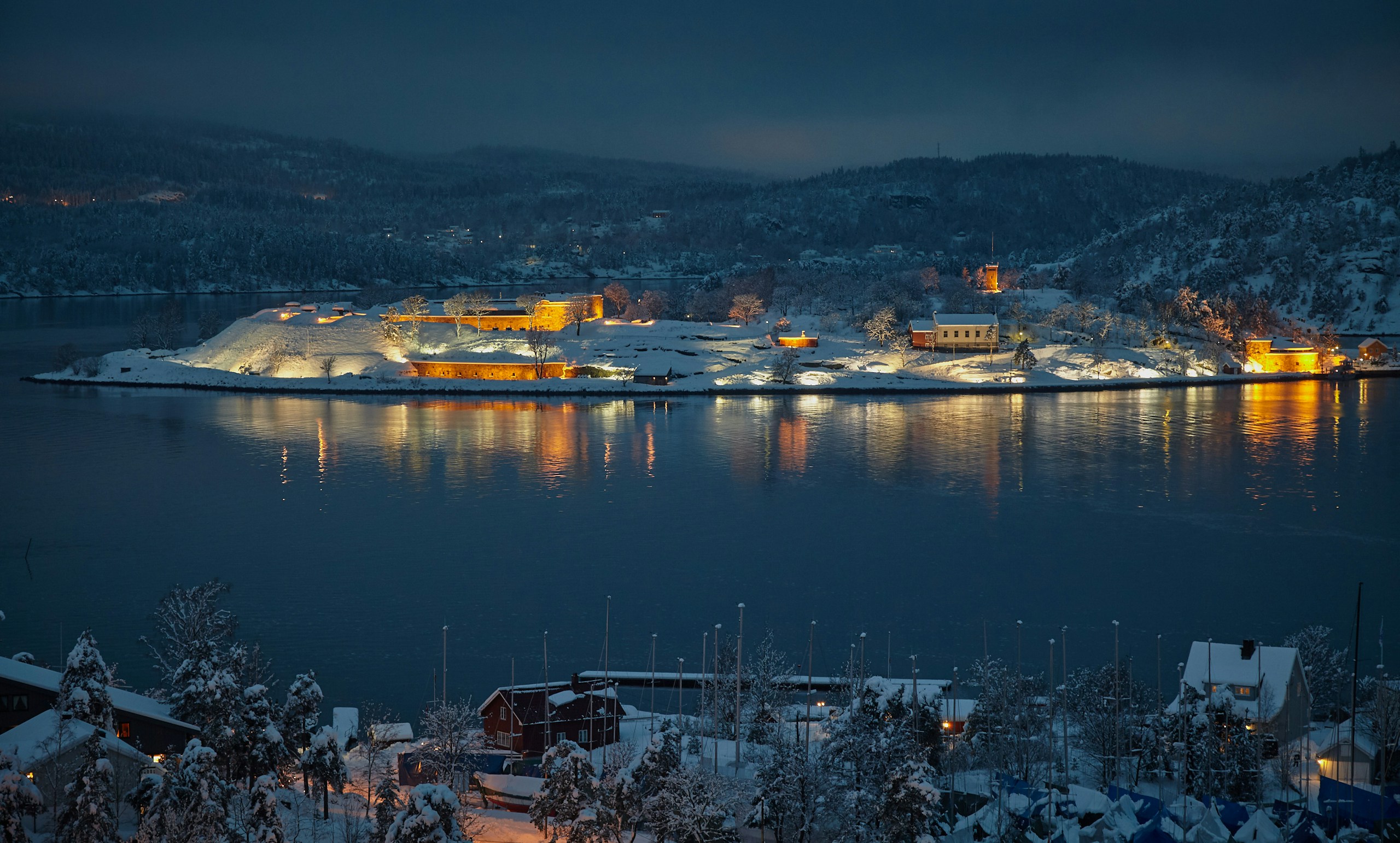 Aerial winter view of Oscarsborg Fortress