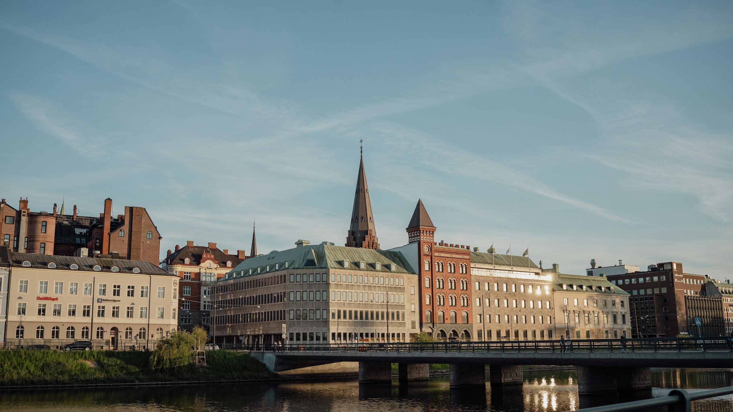 Malmö cityscape with historic architecture and water.