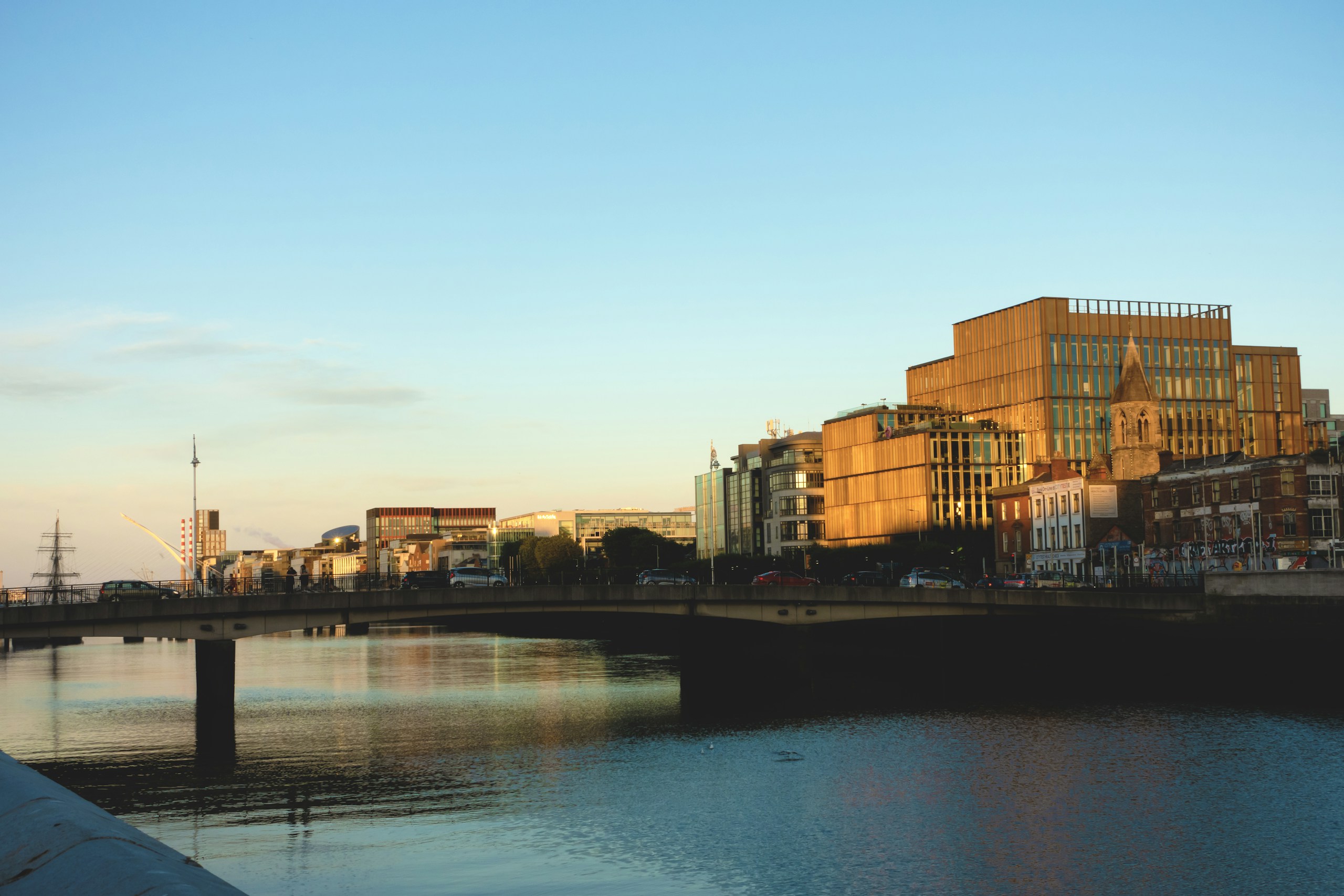 Dublin cityscape and bridge at sunset. Destination view for Dublin, Ireland.