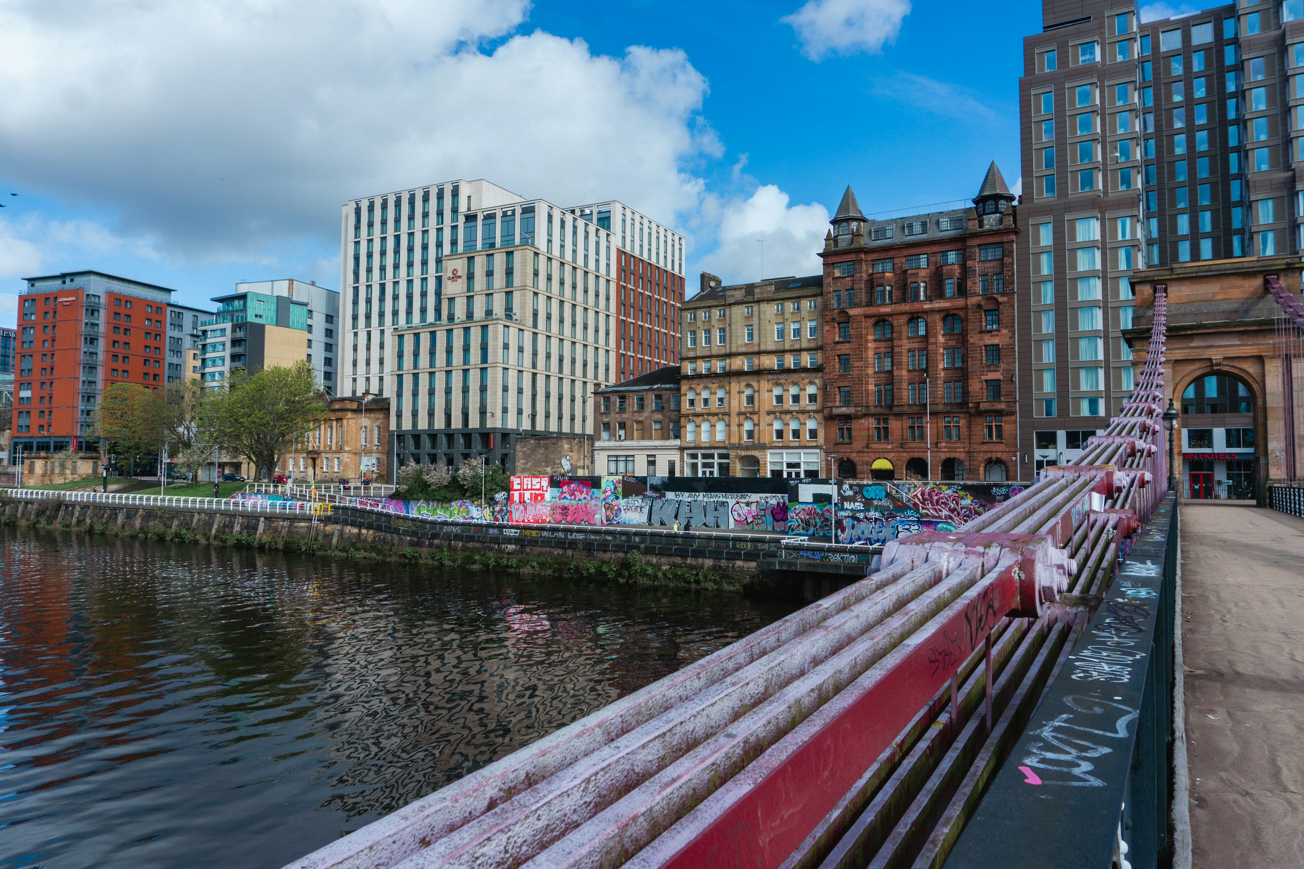 River Clyde / Glasgow cityscape. Destination view for Glasgow City, Scotland.